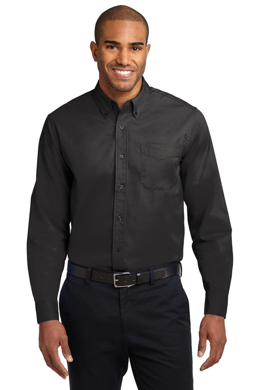 Front View of Black/LtStone Port Authority Tall Long Sleeve Easy Care Shirt. TLS608 - 3XLT