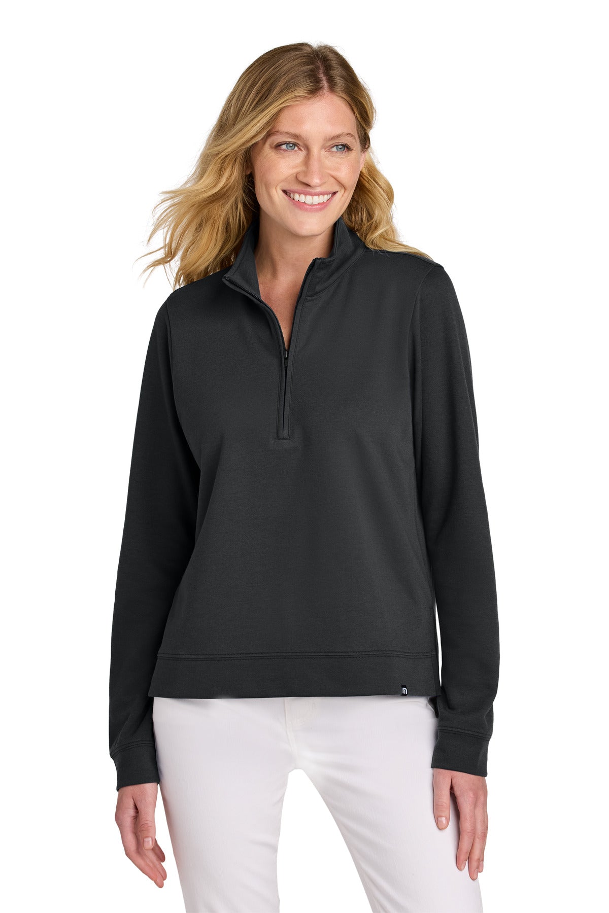Front View of Black TravisMathew Women's Coveside 1/2-Zip TM1LD007 - S
