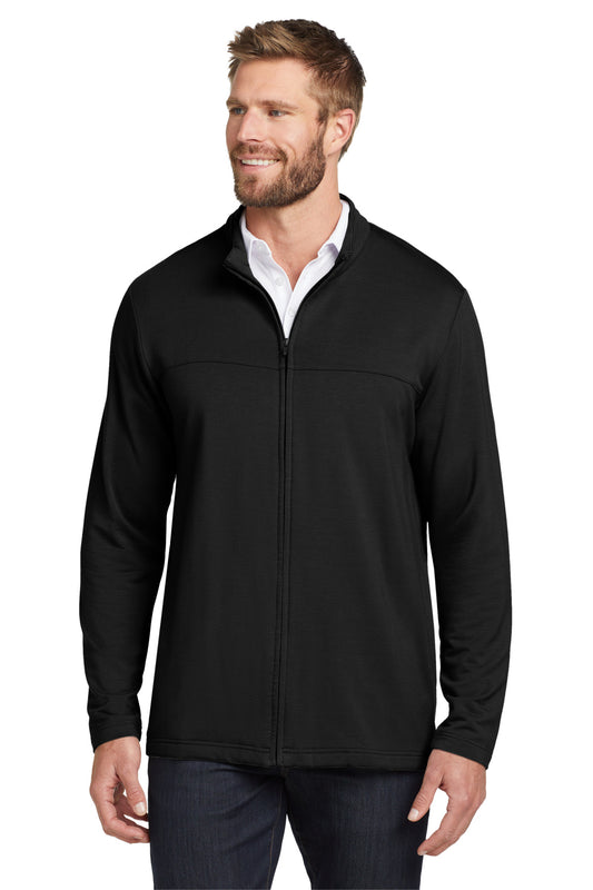 Front View of Black TravisMathew Newport Full-Zip Fleece. TM1MU420 - S