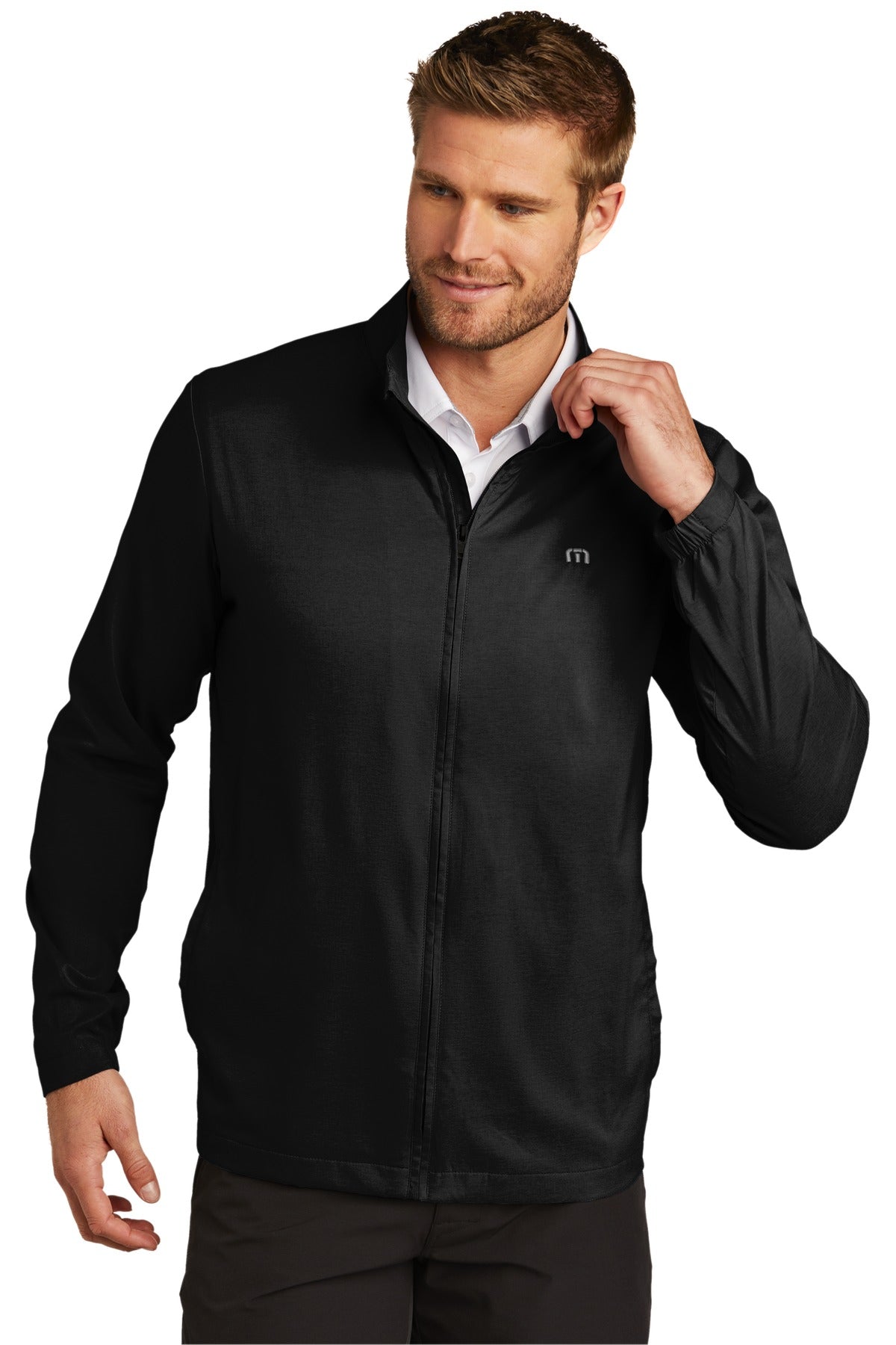 Front View of Black TravisMathew Surfside Full-Zip Jacket. TM1MU422 - S
