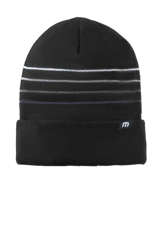 Front View of Black TravisMathew Striped Cuffed Beanie TM1MY393