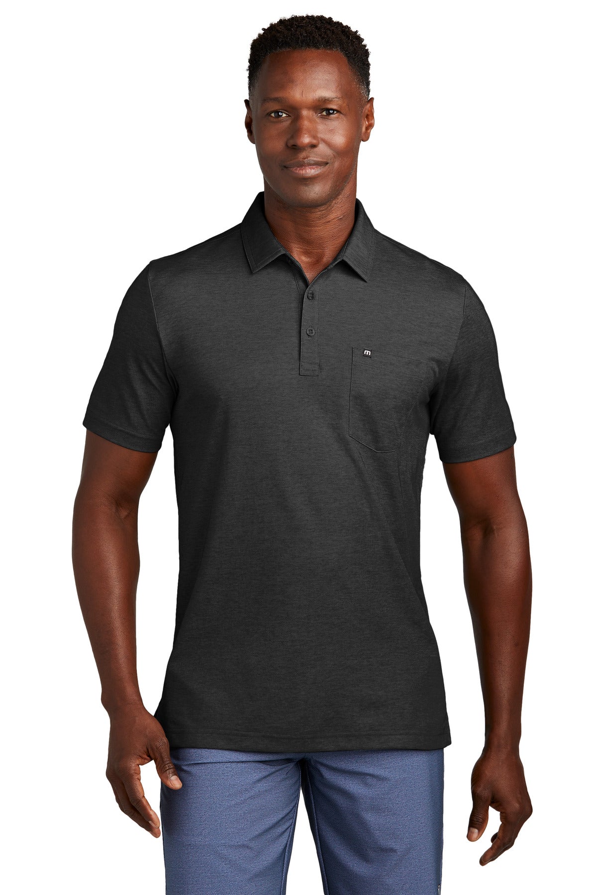 Front View of BlkHthr TravisMathew Oceanside Heather Pocket Polo TM1MY404 - S