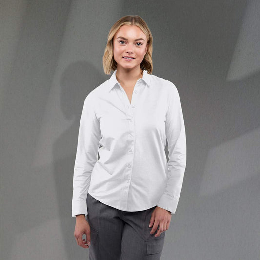 Front View of White TATRA Eco Long Sleeve Knit Button Up Shirt-Women's - XS