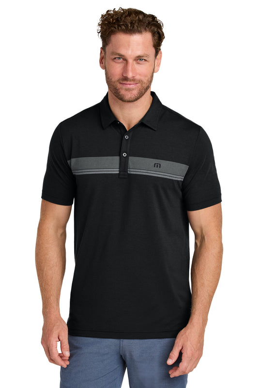 Front View of Black TravisMathew Glenview Stripe Polo TMA41462 - S