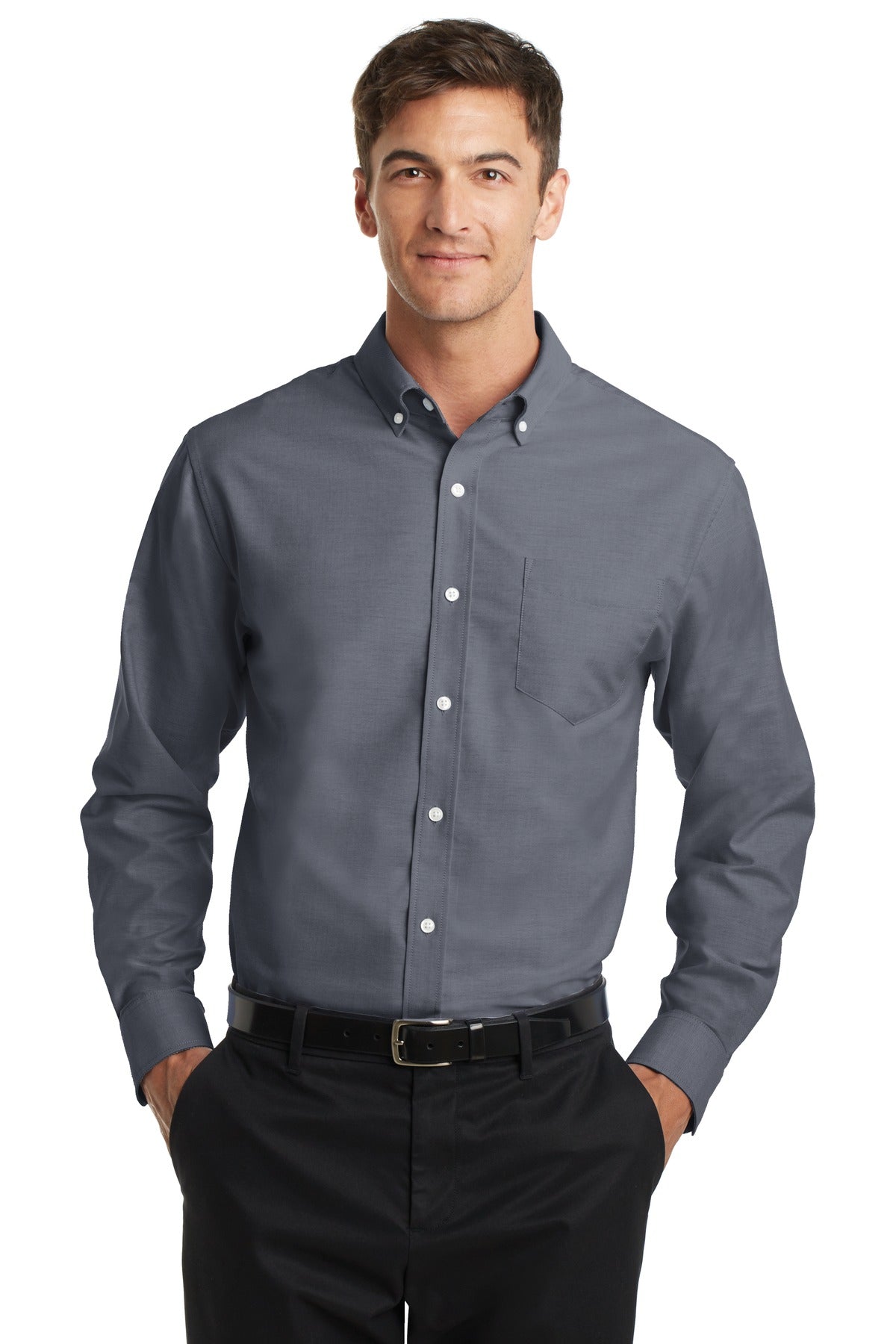 Front View of Black Port Authority Tall SuperPro Oxford Shirt. TS658 - LT