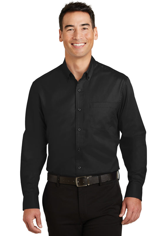 Front View of Black Port Authority Tall SuperPro Twill Shirt. TS663 - 3XLT