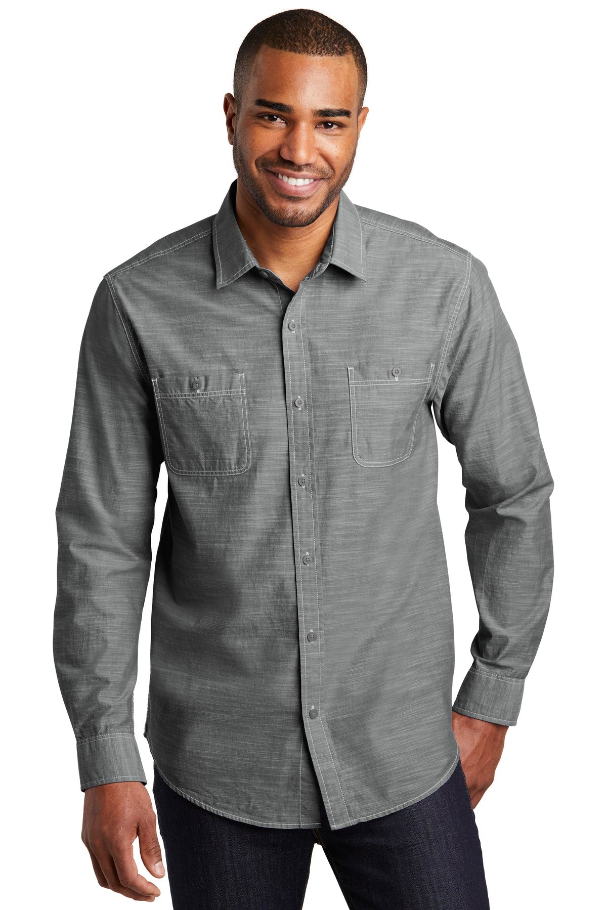Front View of Grey Port Authority Slub Chambray Shirt. W380 - XS