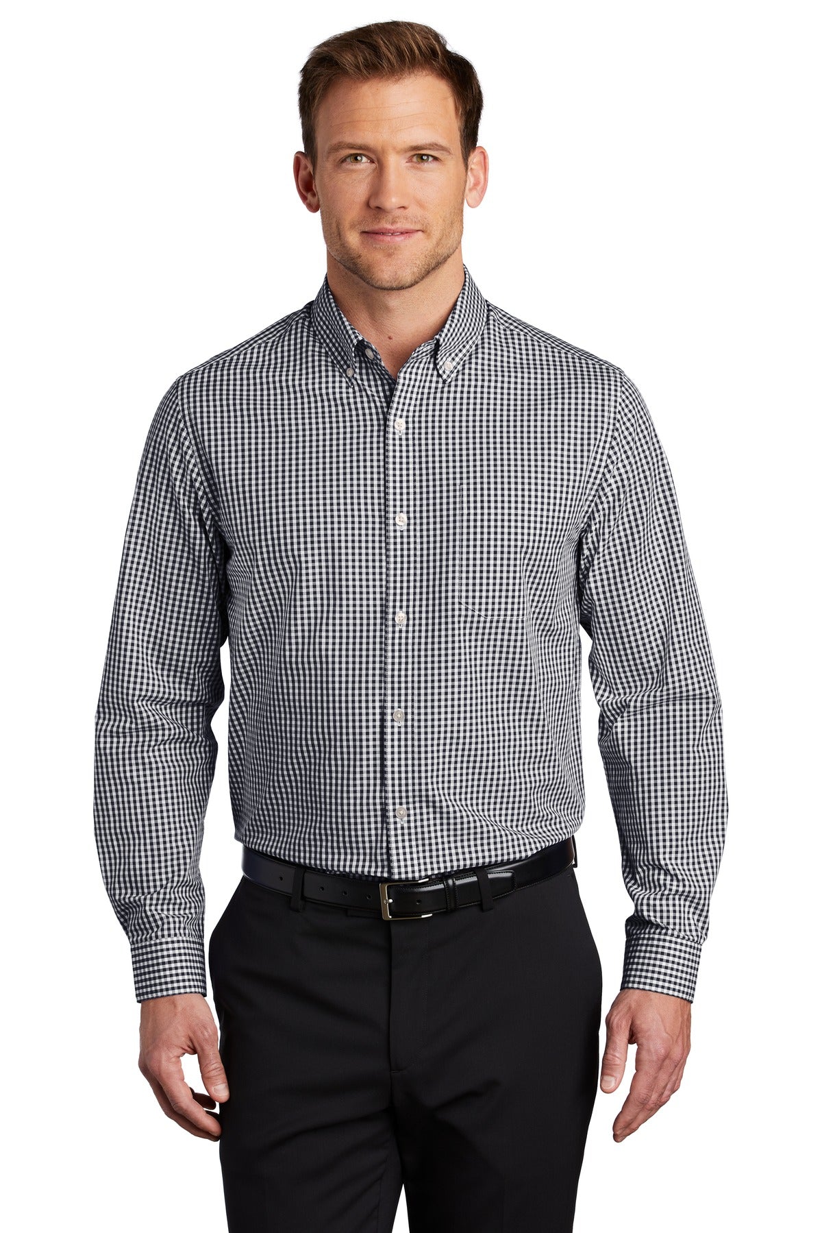Front View of Black/White Port Authority Broadcloth Gingham Easy Care Shirt W644 - XS