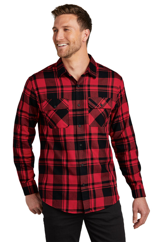 Front View of Engine Red/Blk Port Authority Plaid Flannel Shirt. W668 - XS