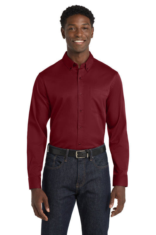 Front View of Burgundy Port Authority Long Sleeve SuperPro React Twill Shirt. W808 - XS