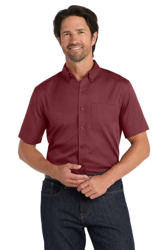 Front View of Burgundy Port Authority Short Sleeve SuperPro React Twill Shirt. W809 - XS