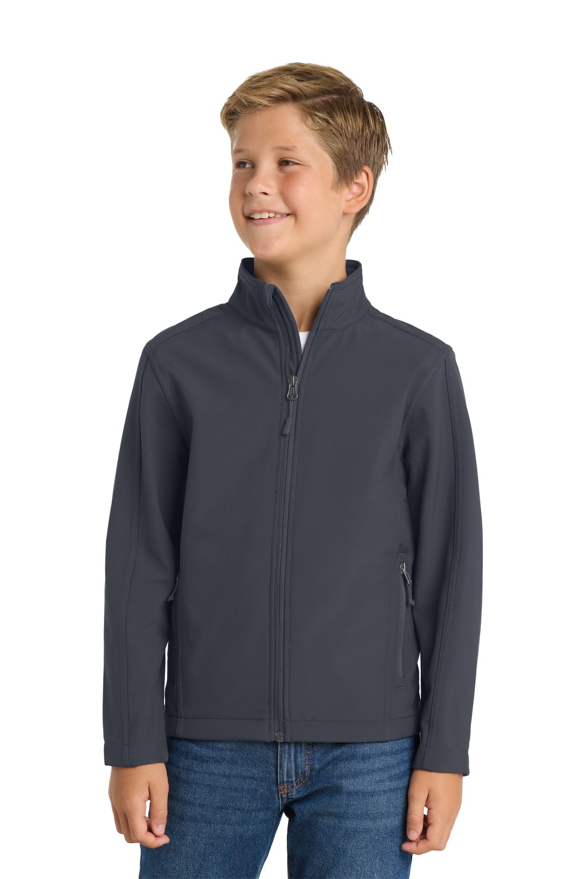 Front View of Battleship Gry Port Authority Youth Core Soft Shell Jacket. Y317 - XS