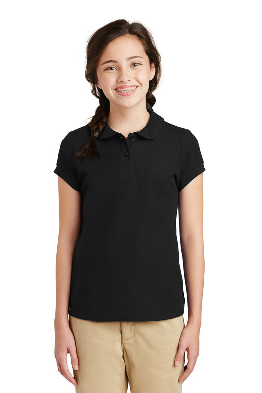 Front View of Black Port Authority Girls Silk Touch Peter Pan Collar Polo. YG503 - XS