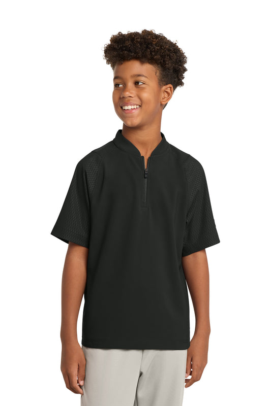 Front View of Black New Era Youth Cage Short Sleeve 1/4-Zip Jacket. YNEA600 - XS