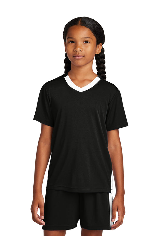 Front View of Blk/White Sport-Tek Youth Competitor United V-Neck YST101 - XS