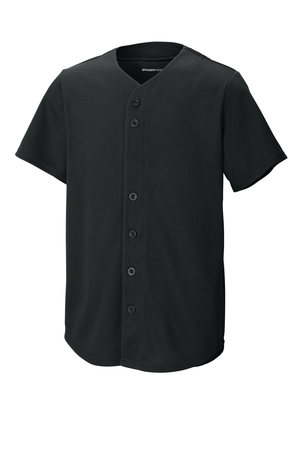 Front View of Black Sport-Tek Youth PosiCharge Tough Mesh Full-Button Jersey YST220 - XS