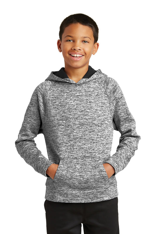 Front View of Black Electric Sport-Tek Youth PosiCharge Electric Heather Fleece Hooded Pullover. YST225 - XS