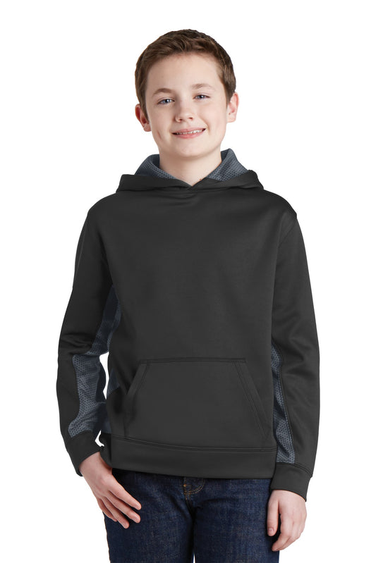 Front View of Bk/Dark Sm Gry Sport-Tek Youth Sport-Wick CamoHex Fleece Colorblock Hooded Pullover. YST239 - XS