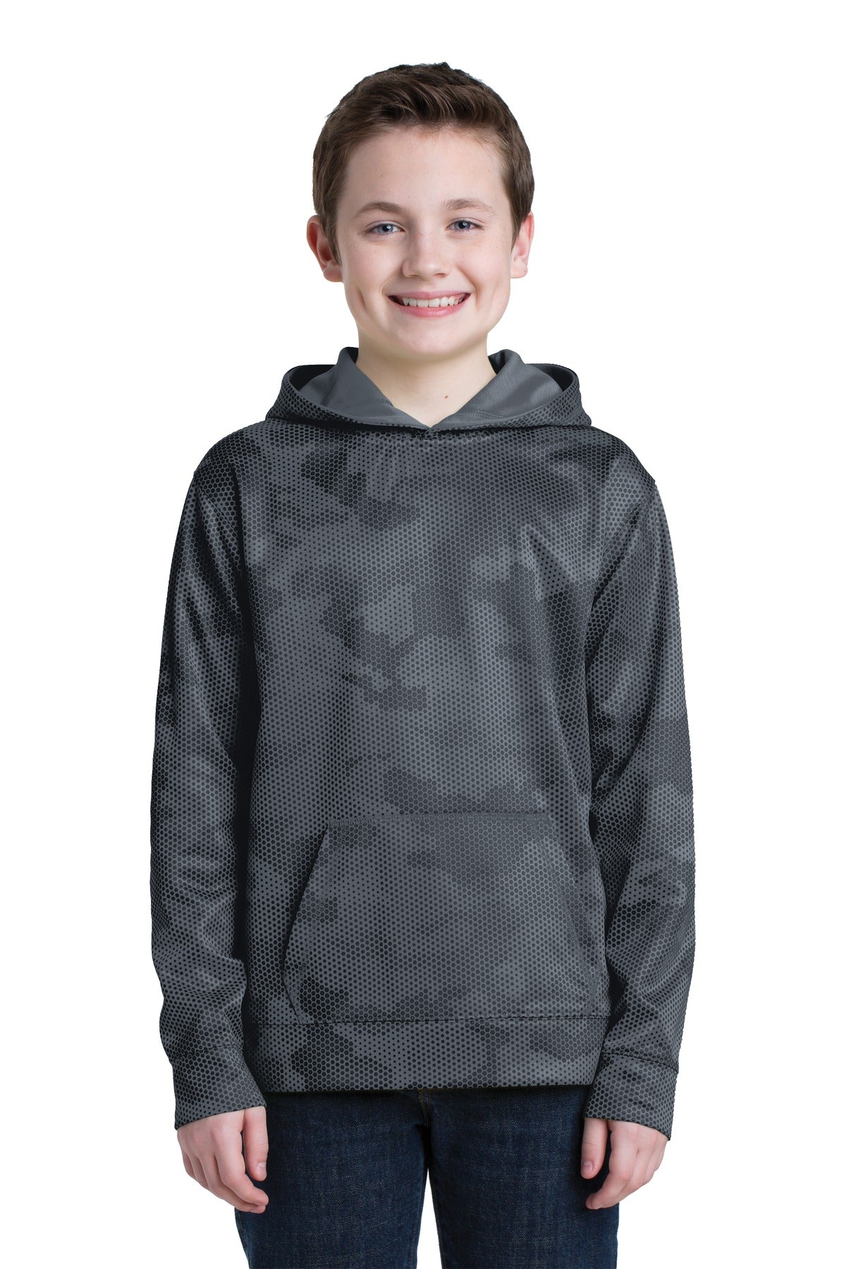 Front View of Dark Smoke Gry Sport-Tek Youth Sport-Wick CamoHex Fleece Hooded Pullover. YST240 - XS