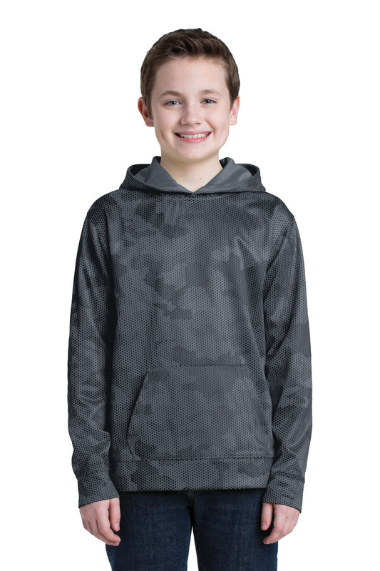 Front View of Dark Smoke Gry Sport-Tek Youth Sport-Wick CamoHex Fleece Hooded Pullover. YST240 - XS