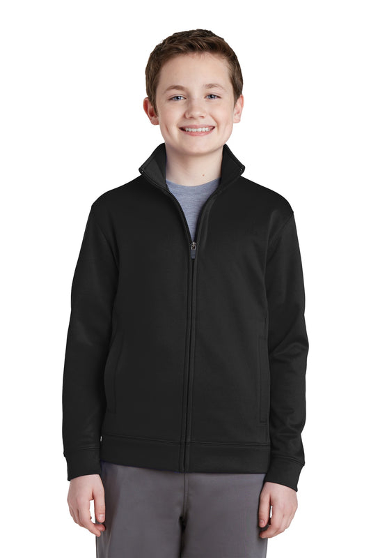 Front View of Black Sport-Tek Youth Sport-Wick Fleece Full-Zip Jacket. YST241 - XS