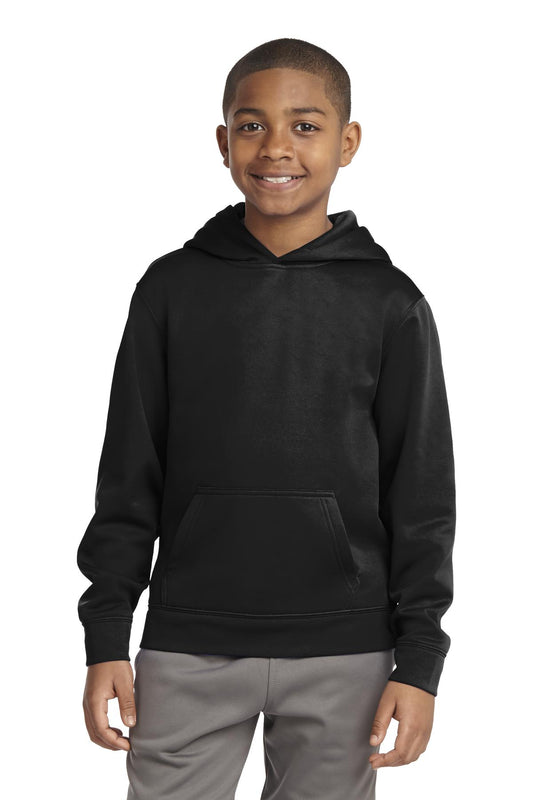 Front View of Black Sport-Tek Youth Sport-Wick Fleece Hooded Pullover. YST244 - XS