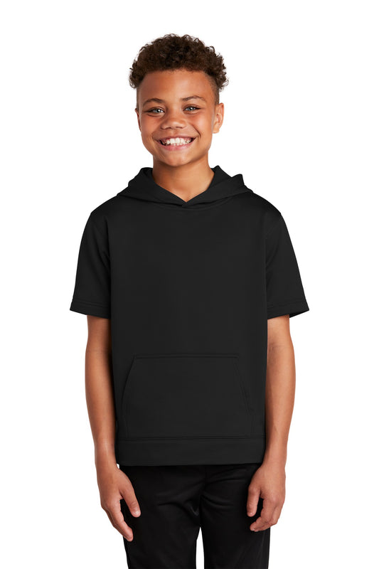 Front View of Black Sport-Tek Youth Sport-Wick Fleece Short Sleeve Hooded Pullover. YST251 - XS