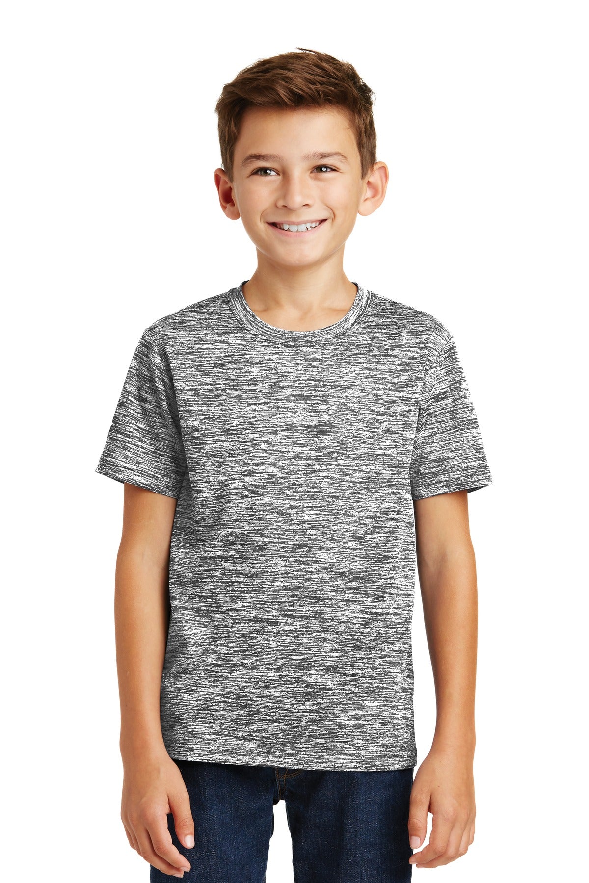 Front View of Black Electric Sport-Tek Youth PosiCharge Electric Heather Tee. YST390 - XS
