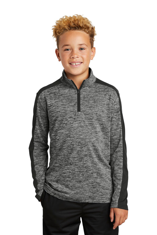 Front View of Black El/Black Sport-Tek Youth PosiCharge Electric Heather Colorblock 1/4-Zip Pullover. YST397 - XS