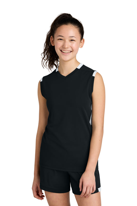 Front View of Blk/White Sport-Tek Youth Club Sleeveless V-Neck YST441 - XS