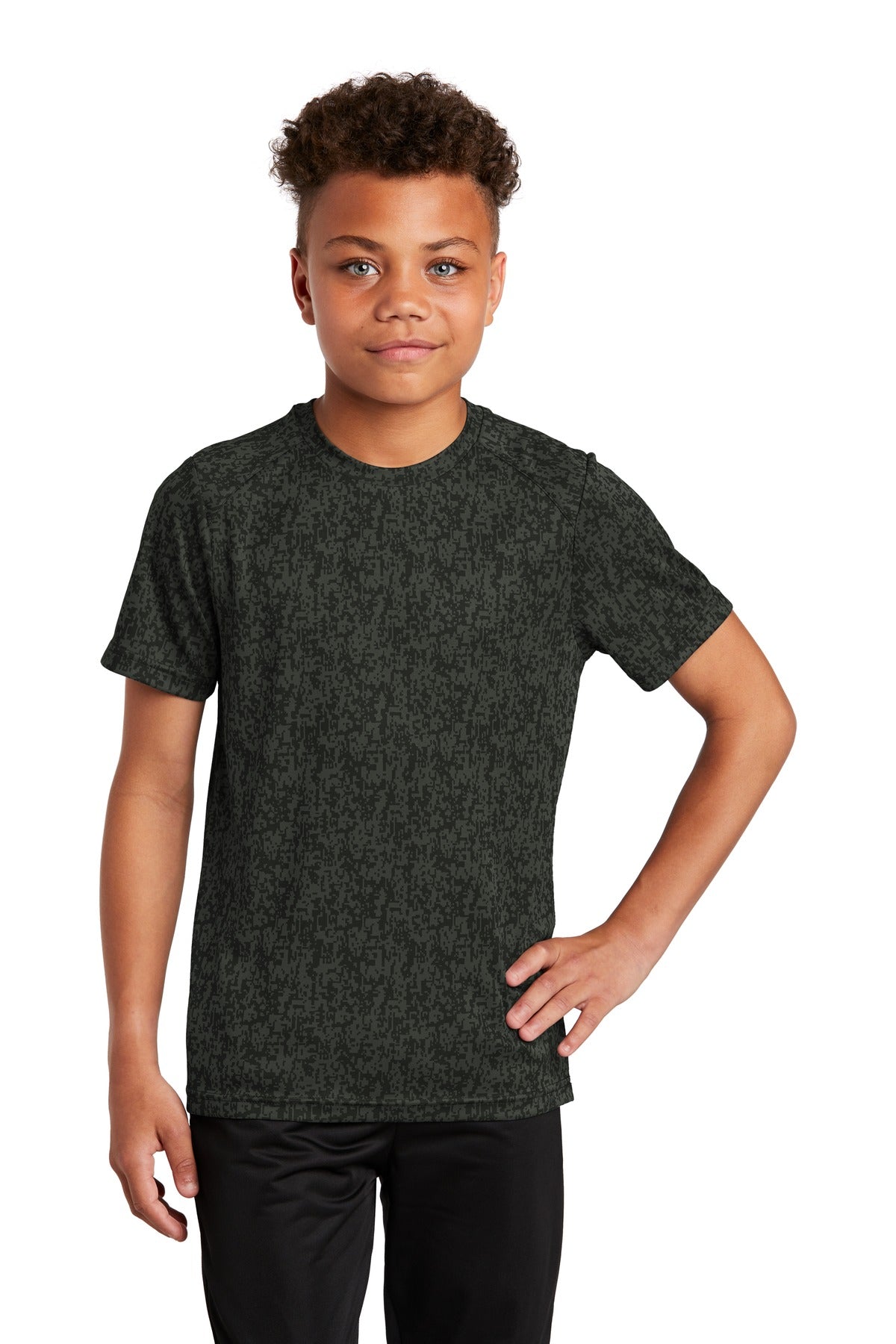 Front View of Black Sport-Tek Youth Digi Camo Tee. YST460 - XS