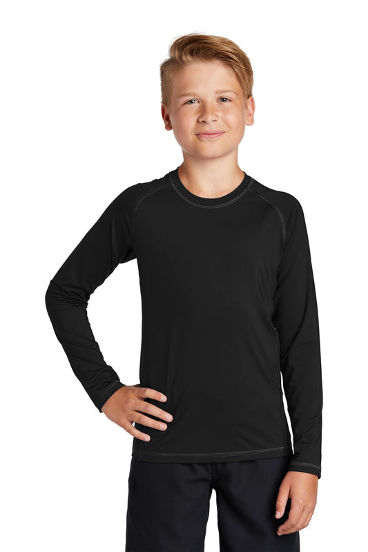 Front View of Black Sport-Tek Youth Long Sleeve Rashguard Tee. YST470LS - XS