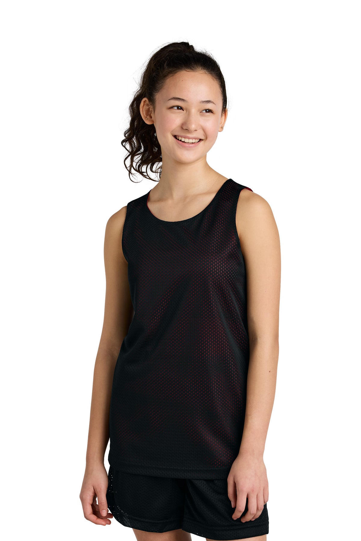 Front View of Blk/DpRed Sport-Tek Youth PosiCharge Reversible Mesh Tank YST5000 - XS