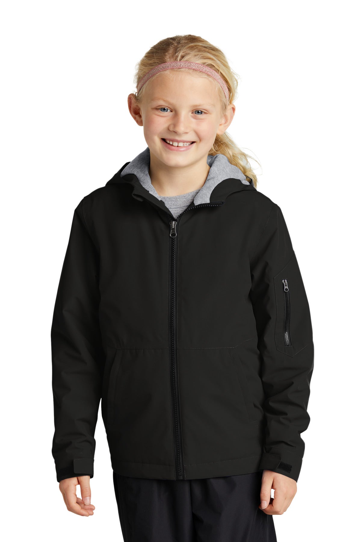 Front View of Black Sport-Tek Youth Waterproof Insulated Jacket YST56 - XS