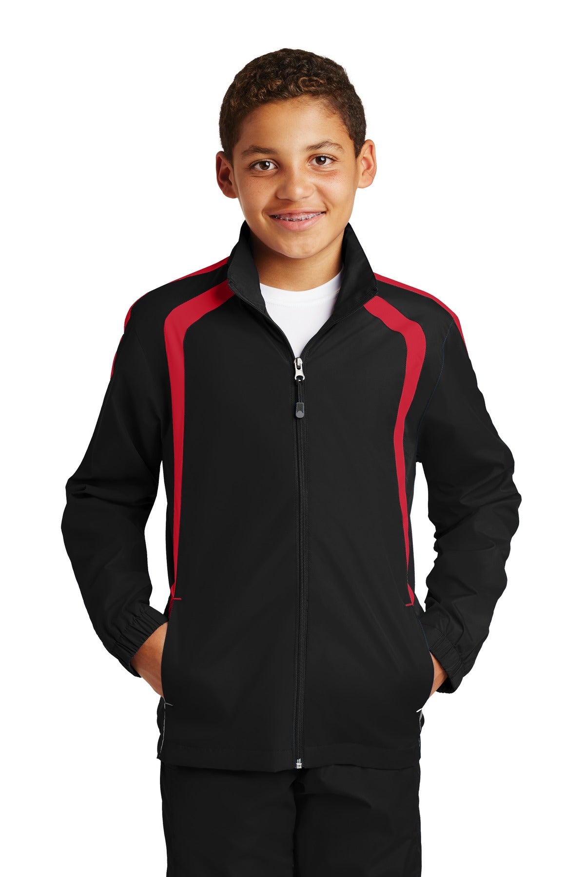 Front View of Black/True Red Sport-Tek Youth Colorblock Raglan Jacket. YST60 - XS