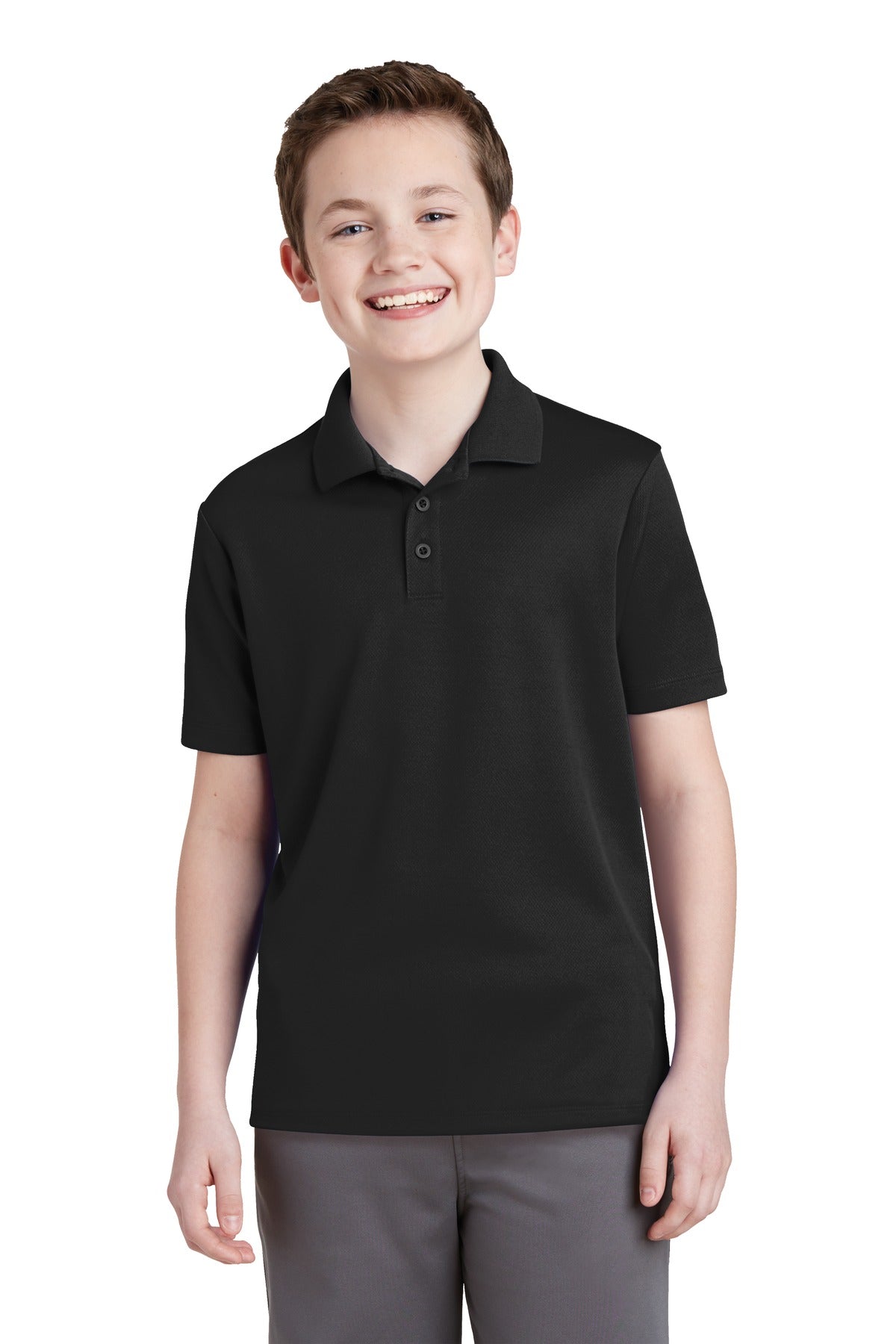 Front View of Black Sport-Tek Youth PosiCharge RacerMesh Polo. YST640 - XS