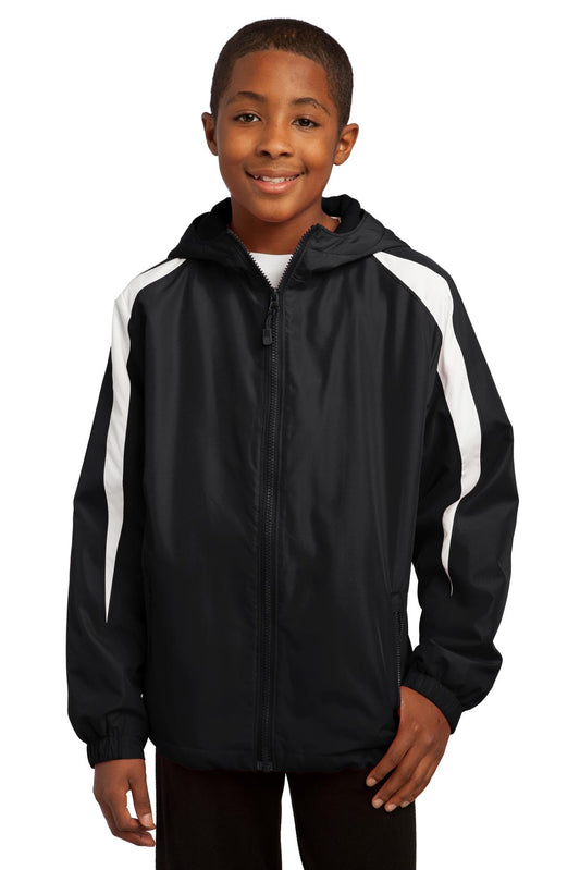 Front View of Black/White Sport-Tek Youth Fleece-Lined Colorblock Jacket. YST81 - XS