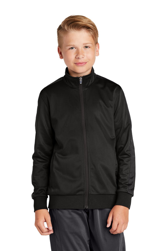 Front View of Black/Black Sport-Tek Youth Tricot Sleeve Stripe Track Jacket. YST94 - XS