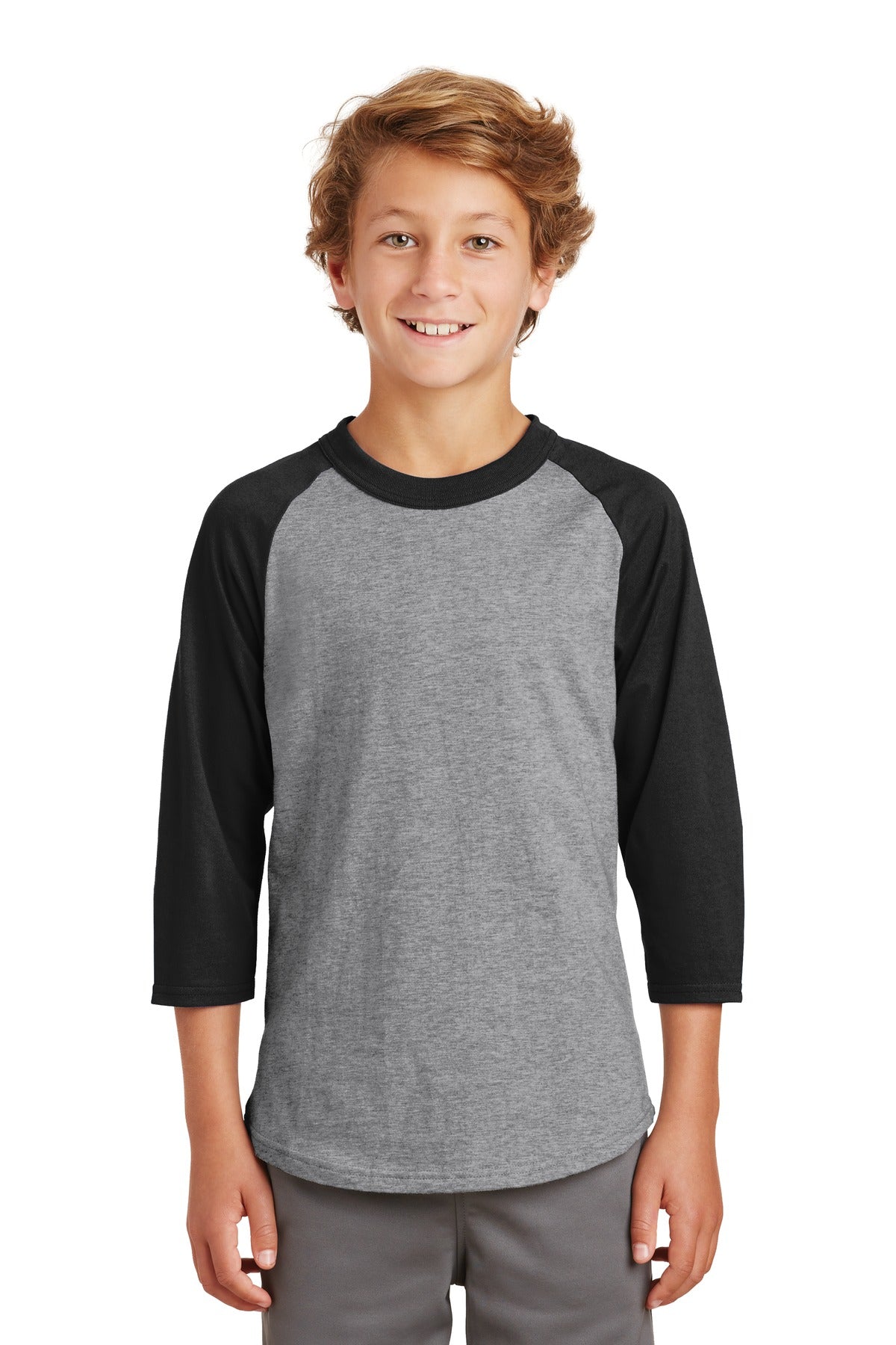 Front View of Heathr/Gry/Blk Sport-Tek Youth Colorblock Raglan Jersey. YT200 - XS