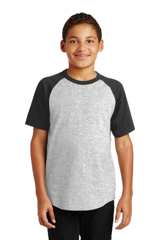 Front View of Grey He/Black Sport-Tek Youth Short Sleeve Colorblock Raglan Jersey. YT201 - XS