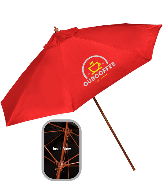 Cyan Blue 9' Wooden Polyester Market Umbrella