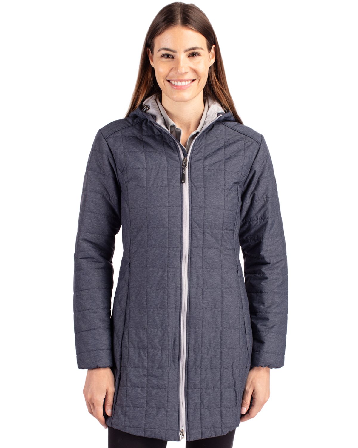 Anthracite Melange Cutter & Buck Rainier PrimaLoft® Womens Eco Insulated Hooded Long Coat - XS