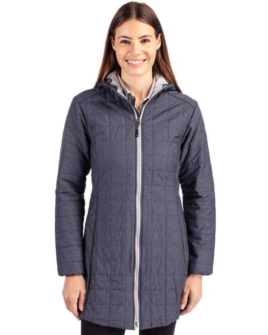 Anthracite Melange Cutter & Buck Rainier PrimaLoft® Womens Eco Insulated Hooded Long Coat - XS