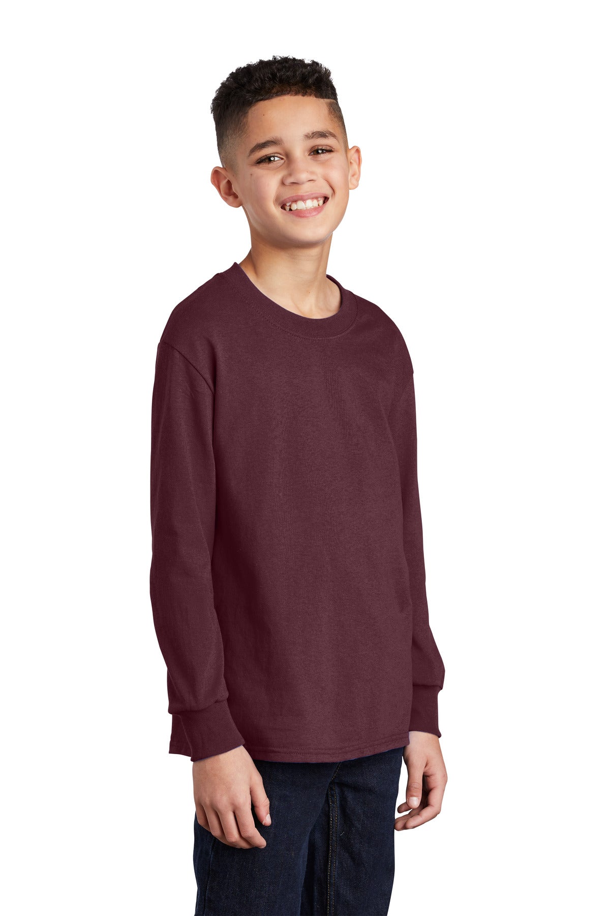 Athl Maroon Port & Company Youth Long Sleeve Core Cotton Tee. PC54YLS