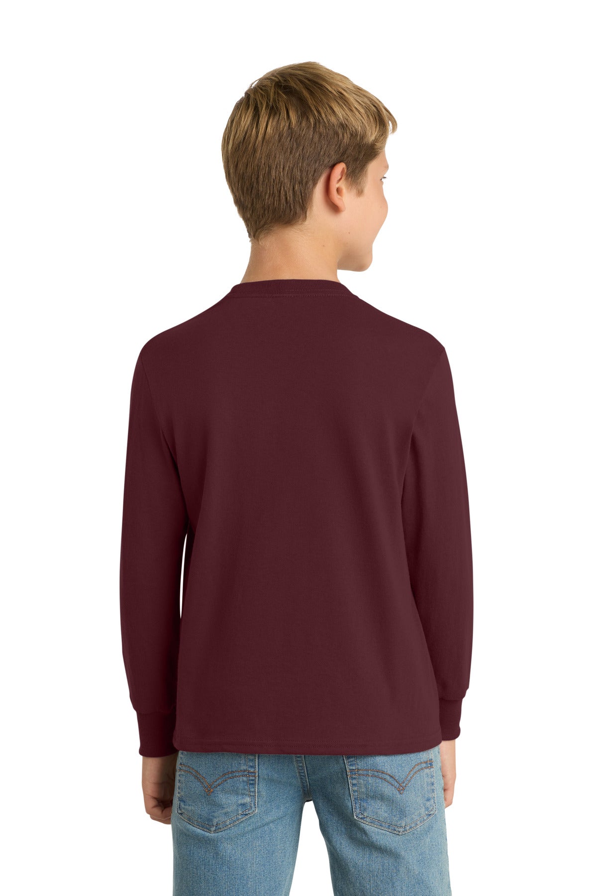 Athl Maroon Port & Company Youth Long Sleeve Core Cotton Tee. PC54YLS