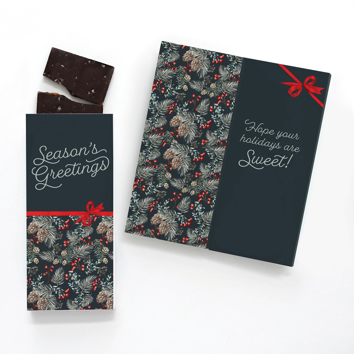 One Color Foil-Stamped Stock Pine Boughs & Berries Sweeter Cards with Sea Salt Caramel Chocolate Bar