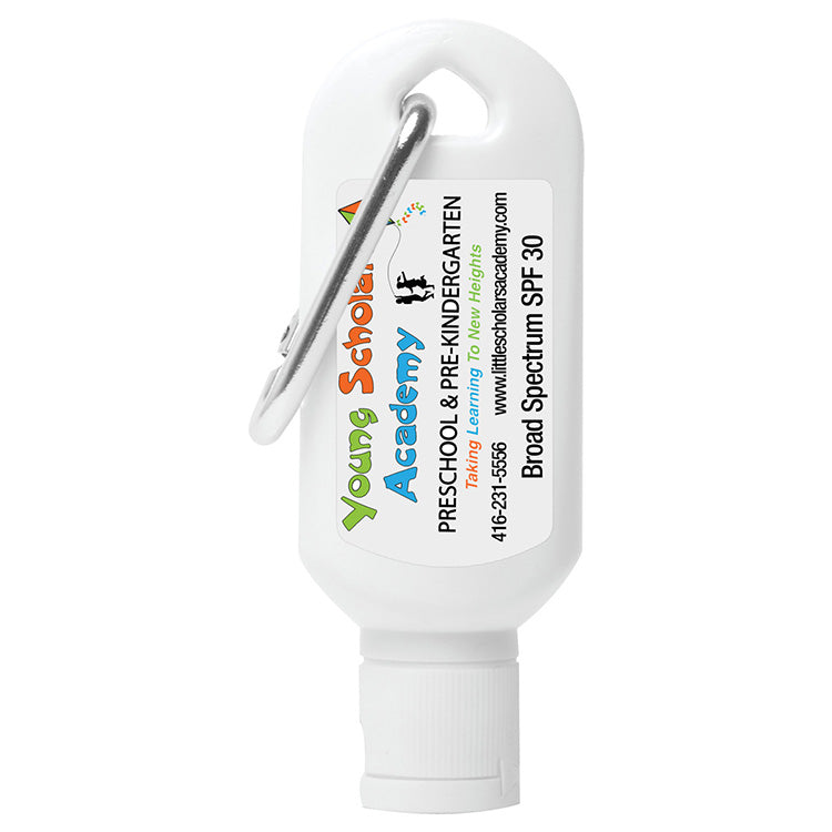 “Sunny Day” 1.0 oz Broad Spectrum SPF 30 Sunscreen Lotion in Solid White Carabiner Tottle