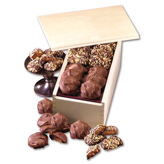 English Butter Toffee & Caramel Pecan Clusters in Wooden Collector's Box