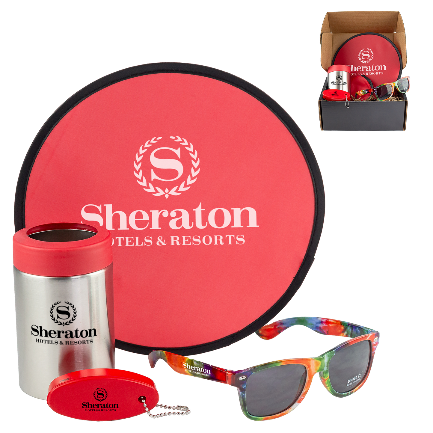 Beach Day Kit with Can Holder, Tie-Dye Shades & Floating Keychain