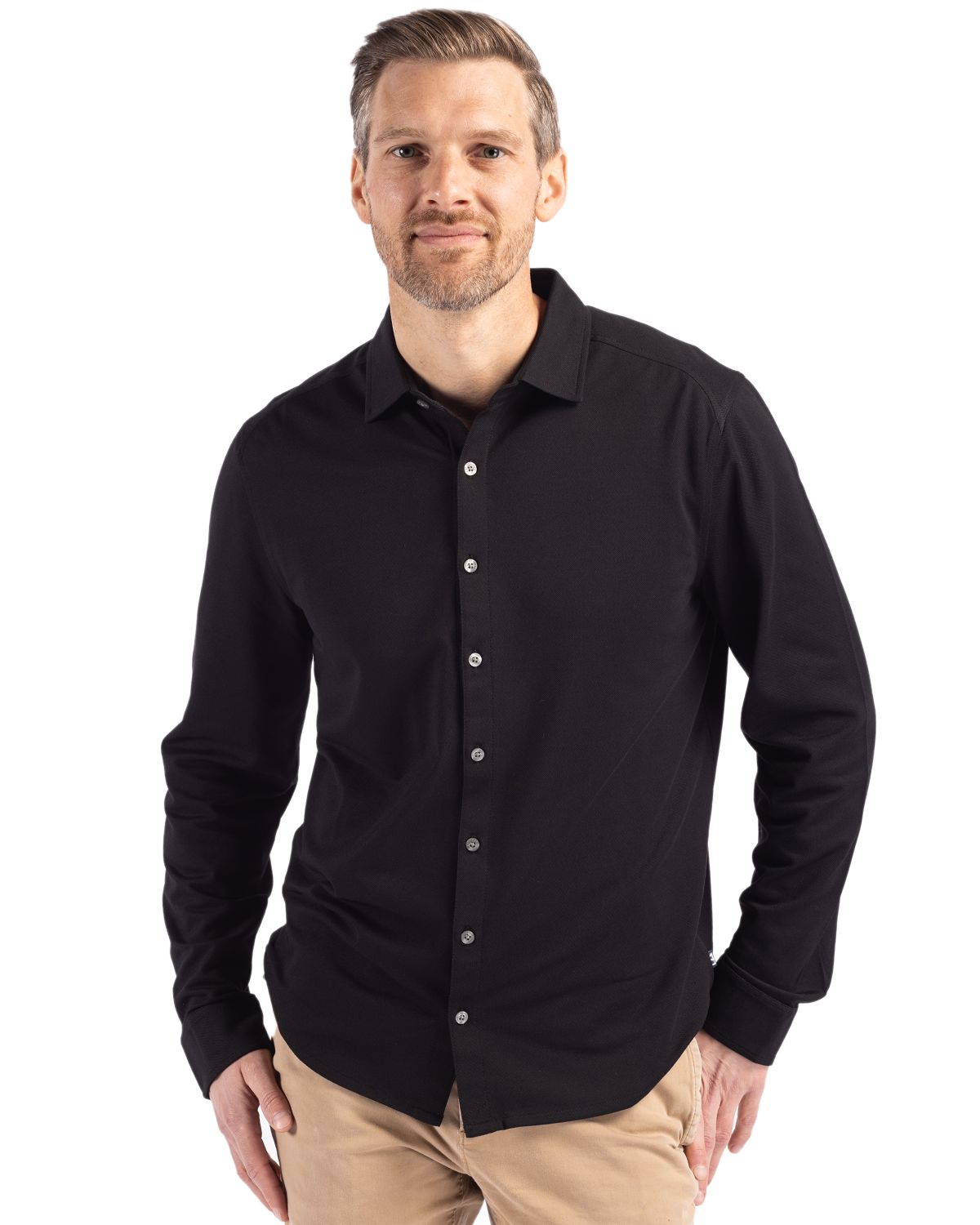 Black Cutter & Buck Advantage Tri-Blend Eco Soft Pique Long Sleeve Knitted Mens Button Up - S